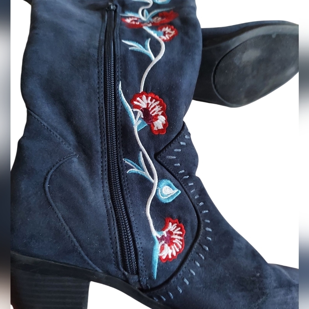 Carlos by Carlos Santana Alexia Floral Embroidered Knee-High Boots - Navy Blue - Picture 6 of 8